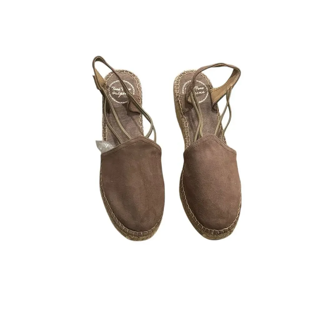 Toni Pons Nuria Espadrilles Taupe Suede Low Wedge Elastic Straps Size 39 NWOB